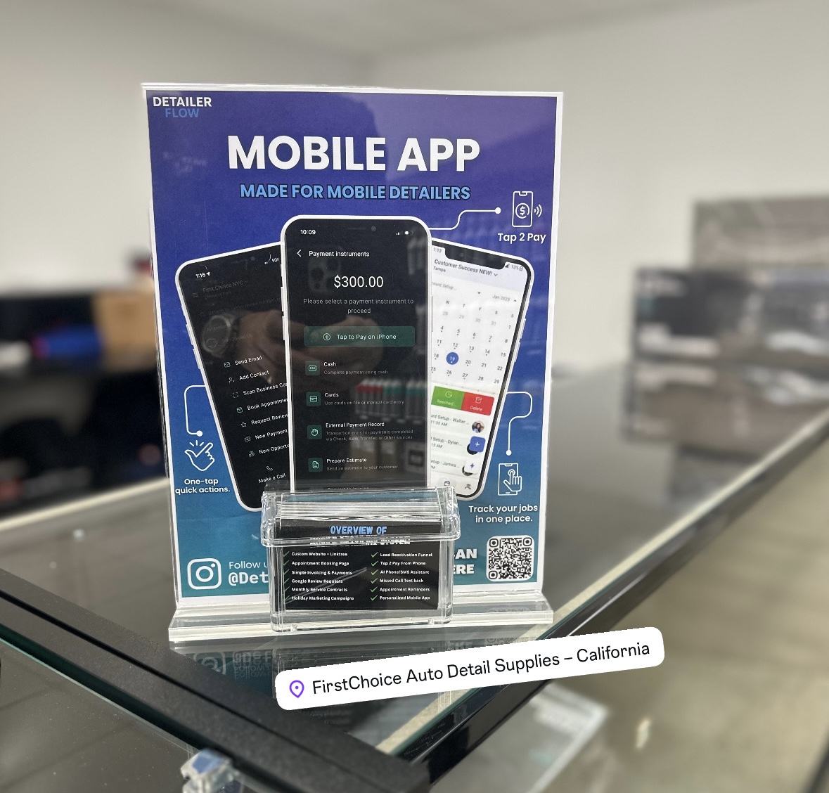 Detailer Flow mobile app display at First Choice Auto Detail Supplies in California